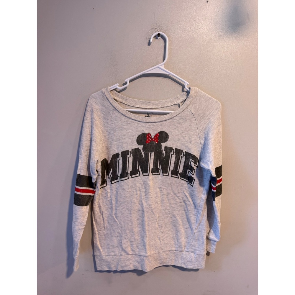 Disney Parks Minnie Mouse Varsity Sweatshirt Gray Red Stripe XS